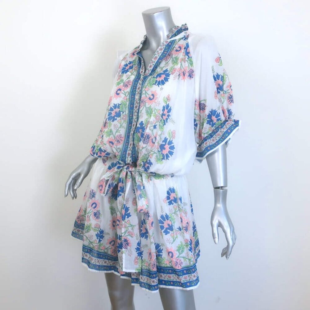 Juliet Dunn Blouson Tie-Waist Mini Dress White Rose Border Print Cotton Size 2 - Picture 2 of 7